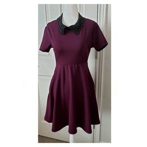 Maroon Skater Dress with Black Collar and Side Pockets
